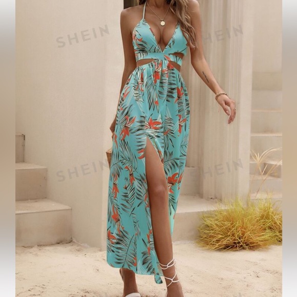 Tropical Print Backless Dress with Slit - Picture 5 of 7